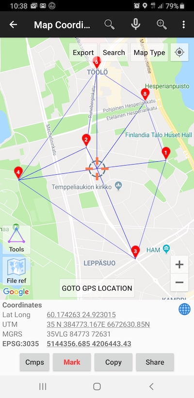 UTM Geo Map showing Delaunay Triangulation and all coordinate reference system in the world in real time